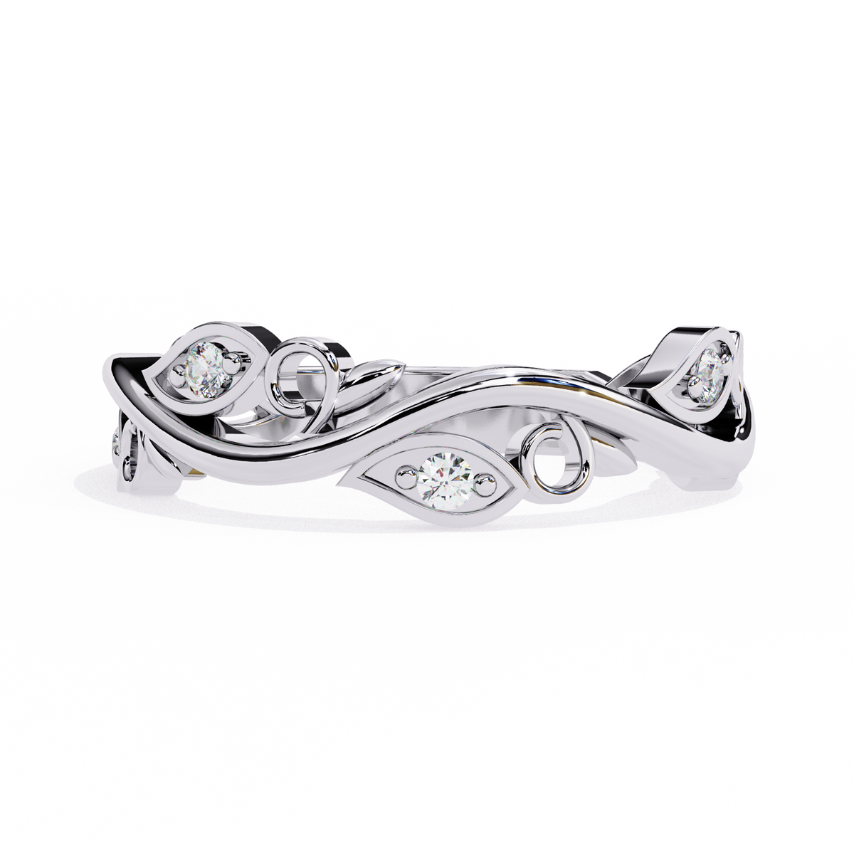 White Gold Round Diamond Leaf and Vine Eternity Band