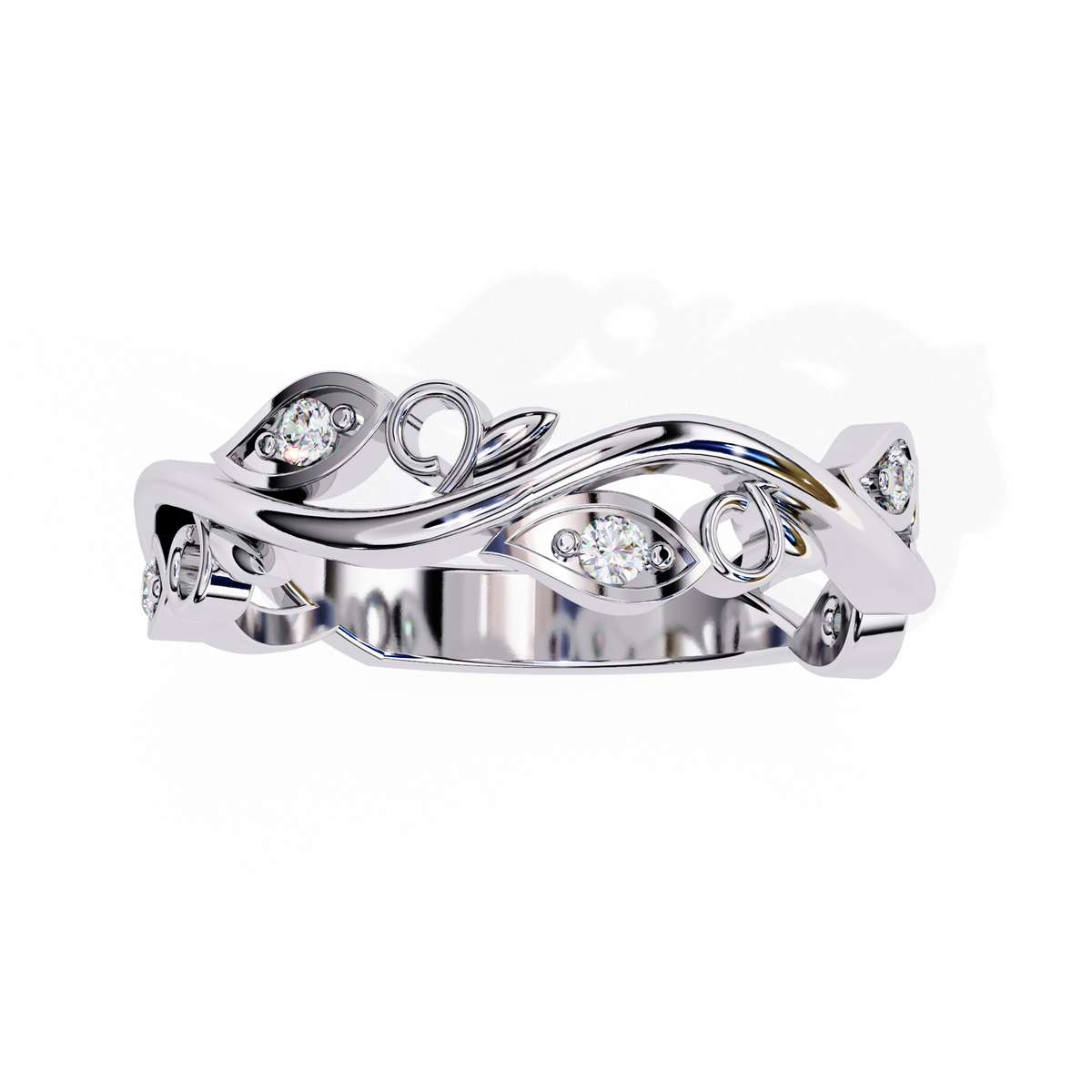 White Gold Round Diamond Leaf and Vine Eternity Band