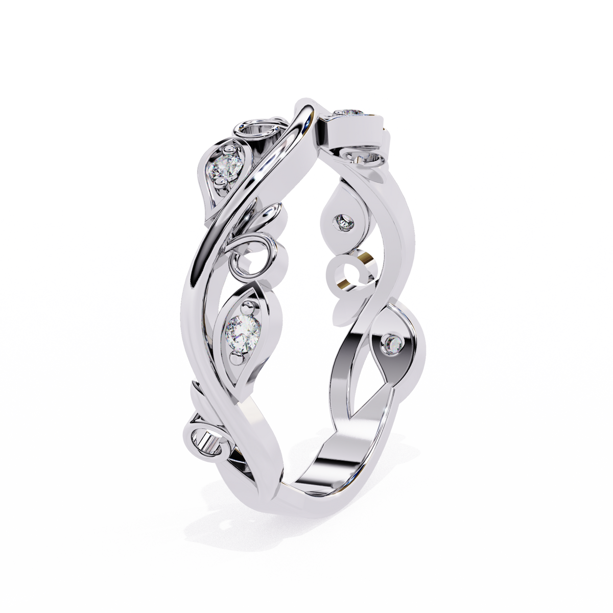 White Gold Round Diamond Leaf and Vine Eternity Band