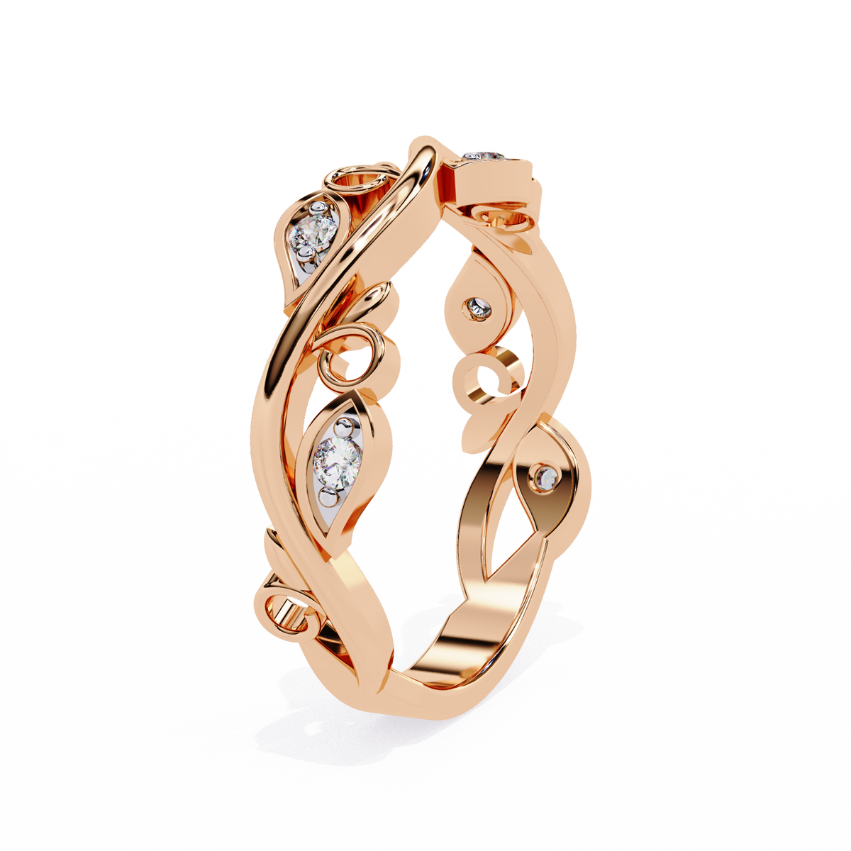 Rose Gold Round Diamond Leaf and Vine Eternity Band