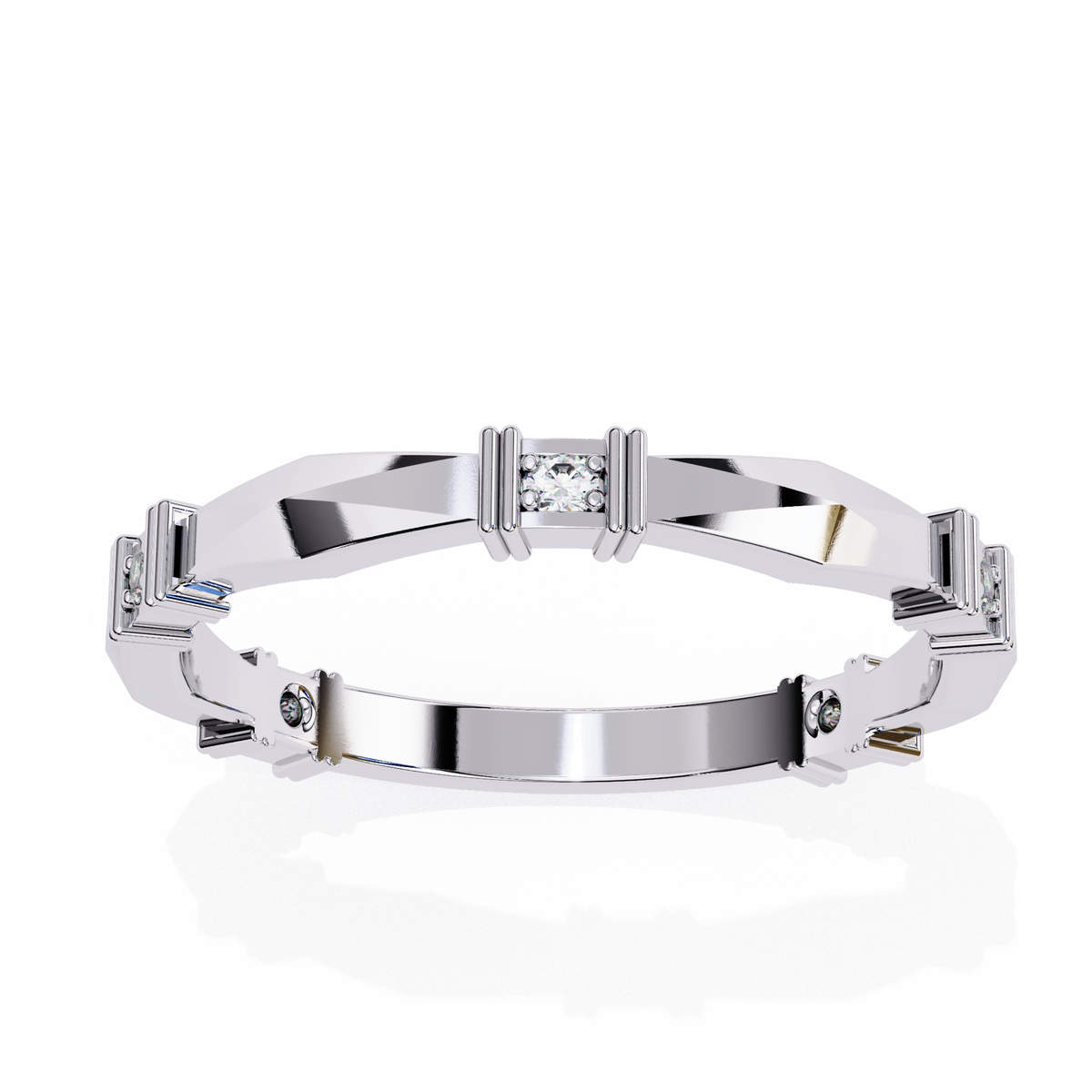 White Gold Round Diamond Bar Link Station Band