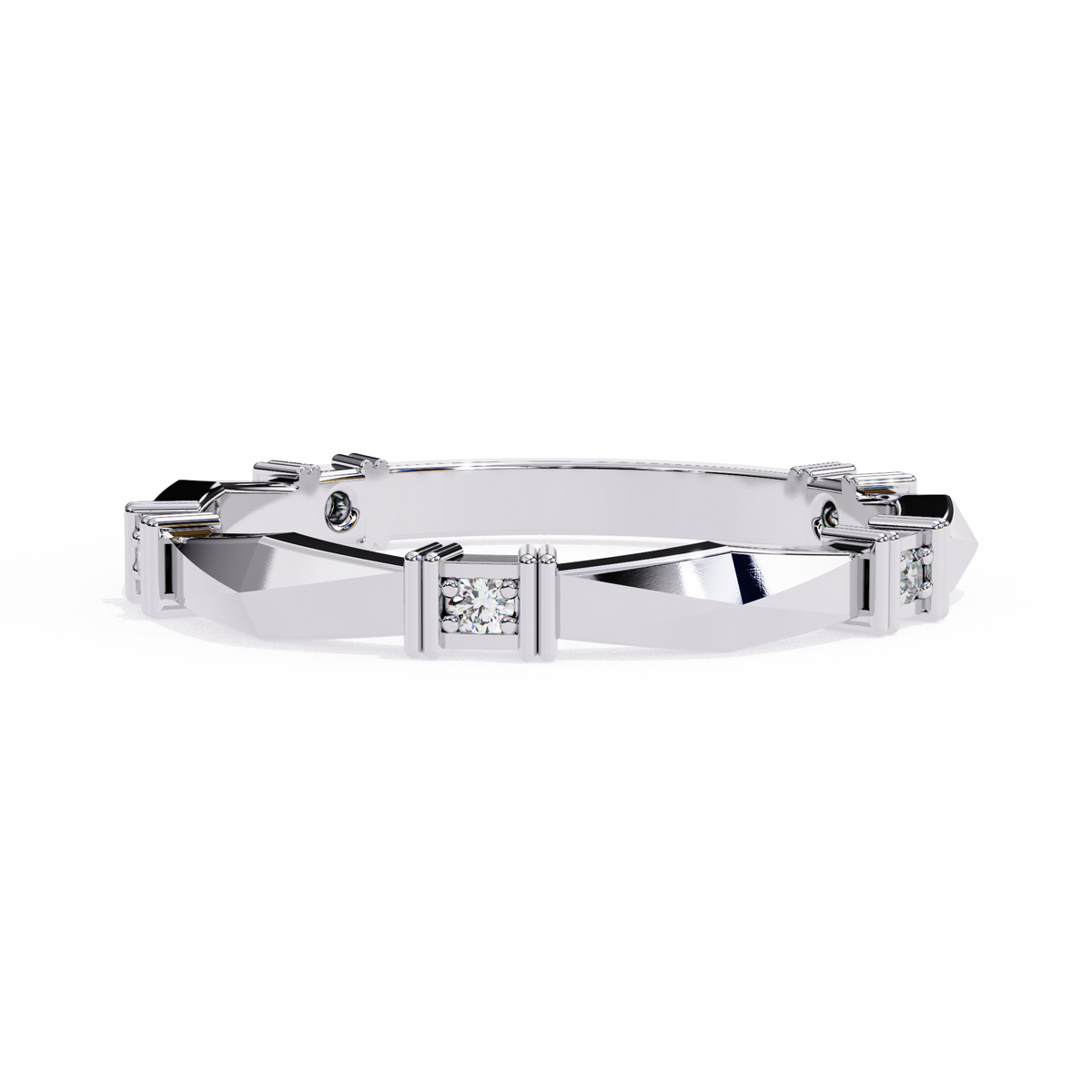White Gold Round Diamond Bar Link Station Band