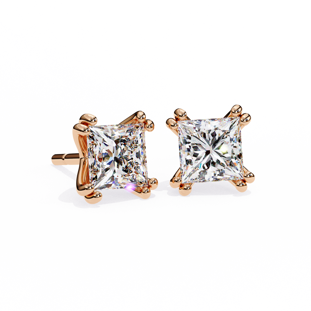 Rose Gold Princess-Cut Solitaire Diamond Stud Earrings