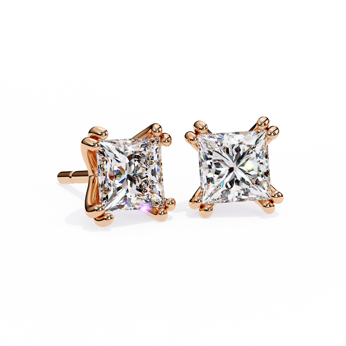 Rose Gold Princess-Cut Solitaire Diamond Stud Earrings