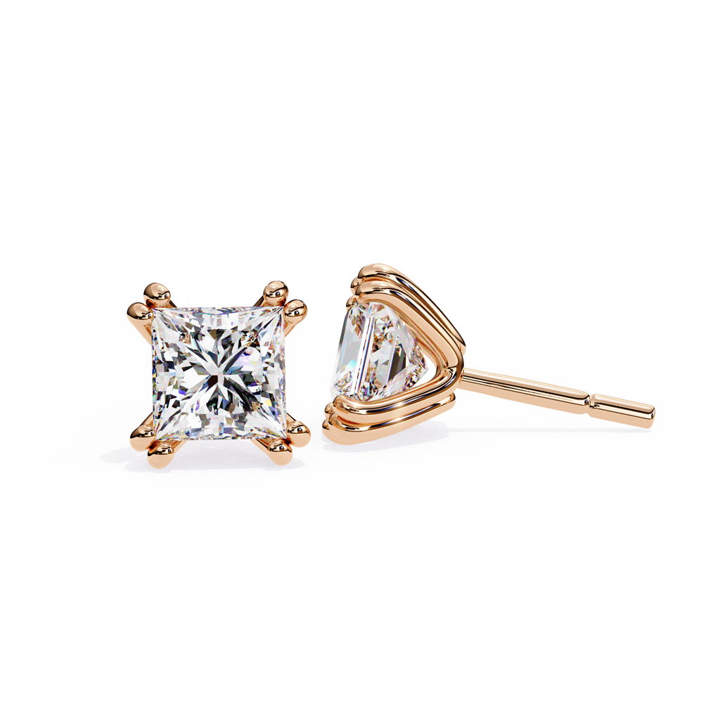 Rose Gold Princess-Cut Solitaire Diamond Stud Earrings