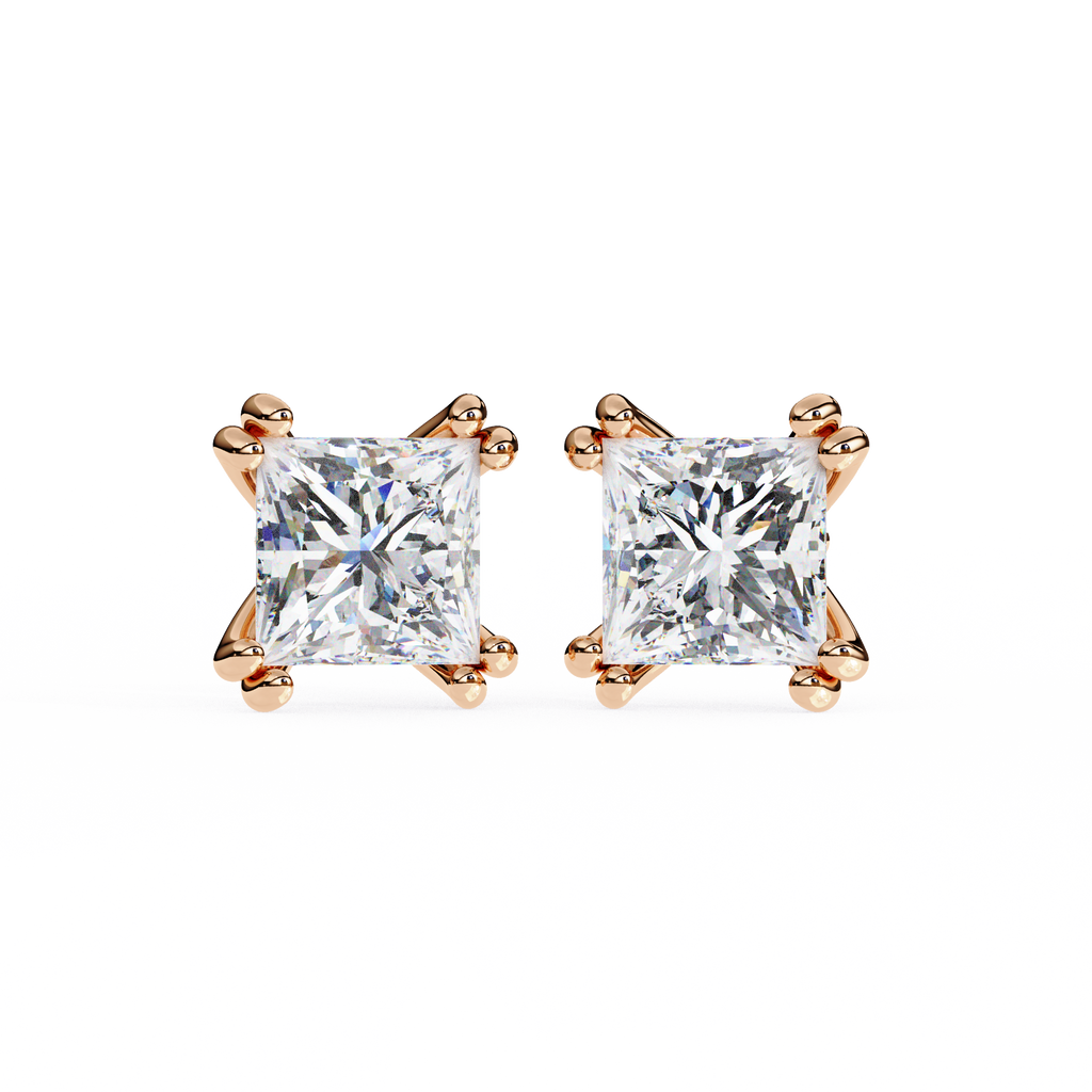 Rose Gold Princess-Cut Solitaire Diamond Stud Earrings