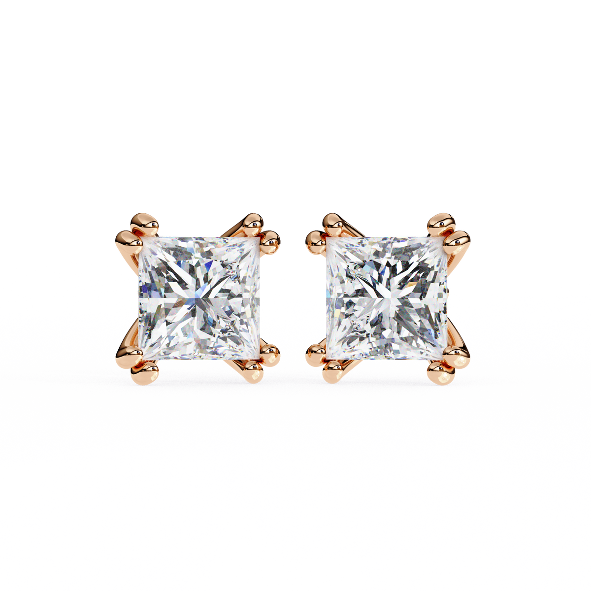 Rose Gold Princess-Cut Solitaire Diamond Stud Earrings