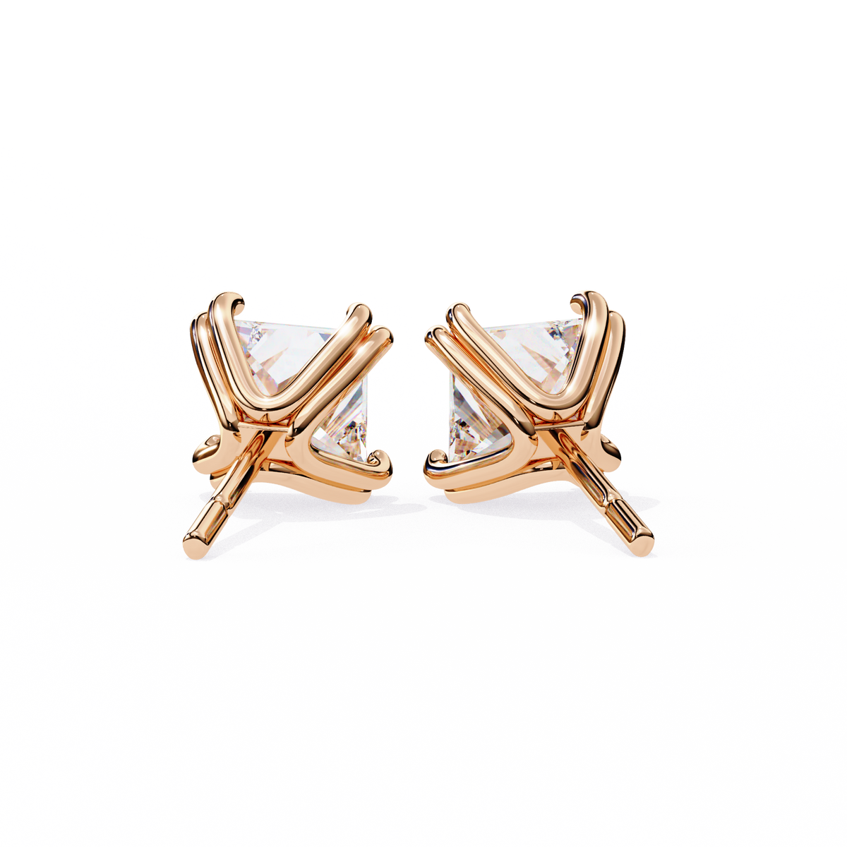 Rose Gold Princess-Cut Solitaire Diamond Stud Earrings