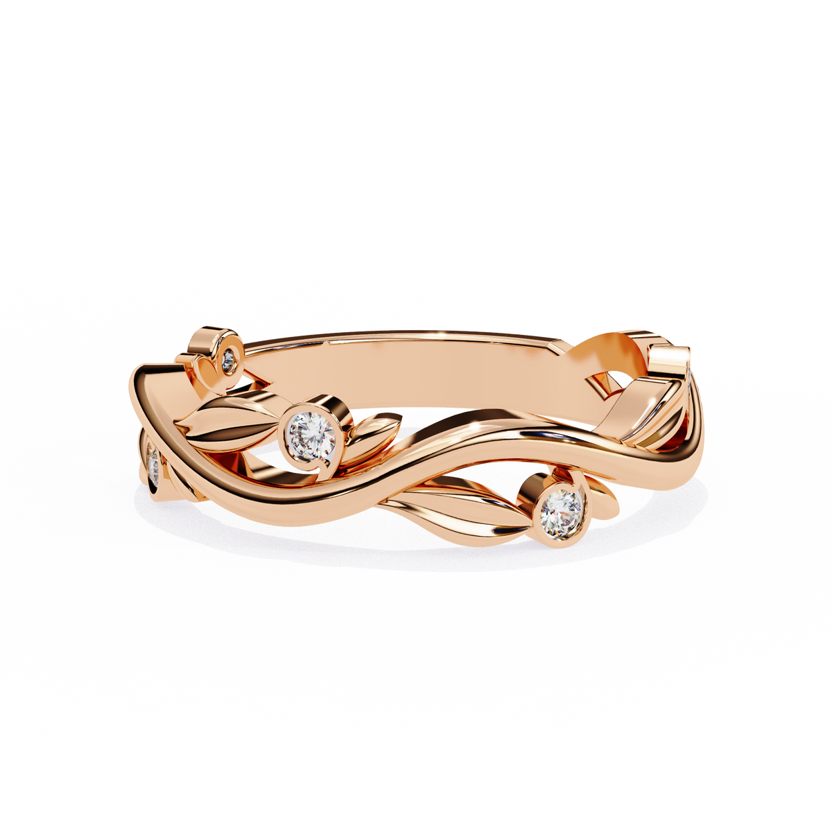 Rose Gold Round Diamond Leaf and Vine Eternity Band