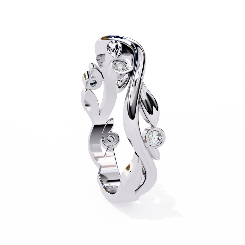 White Gold Round Diamond Leaf and Vine Eternity Band