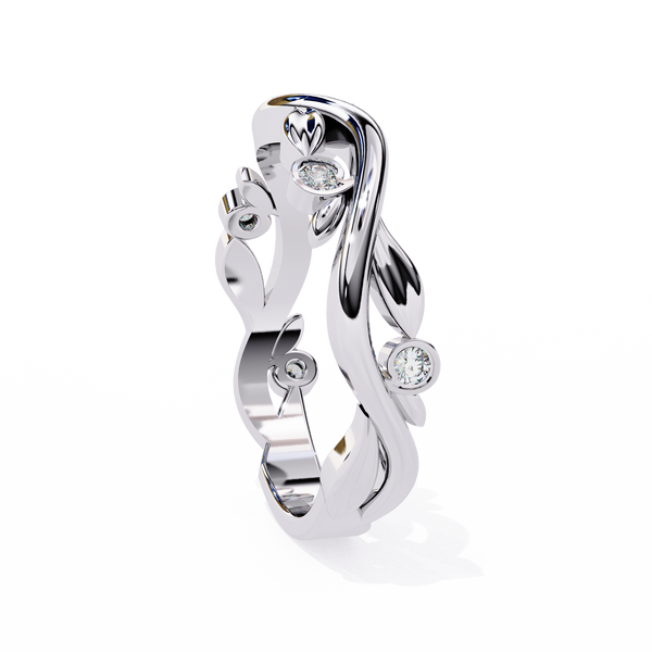 White Gold Round Diamond Leaf and Vine Eternity Band