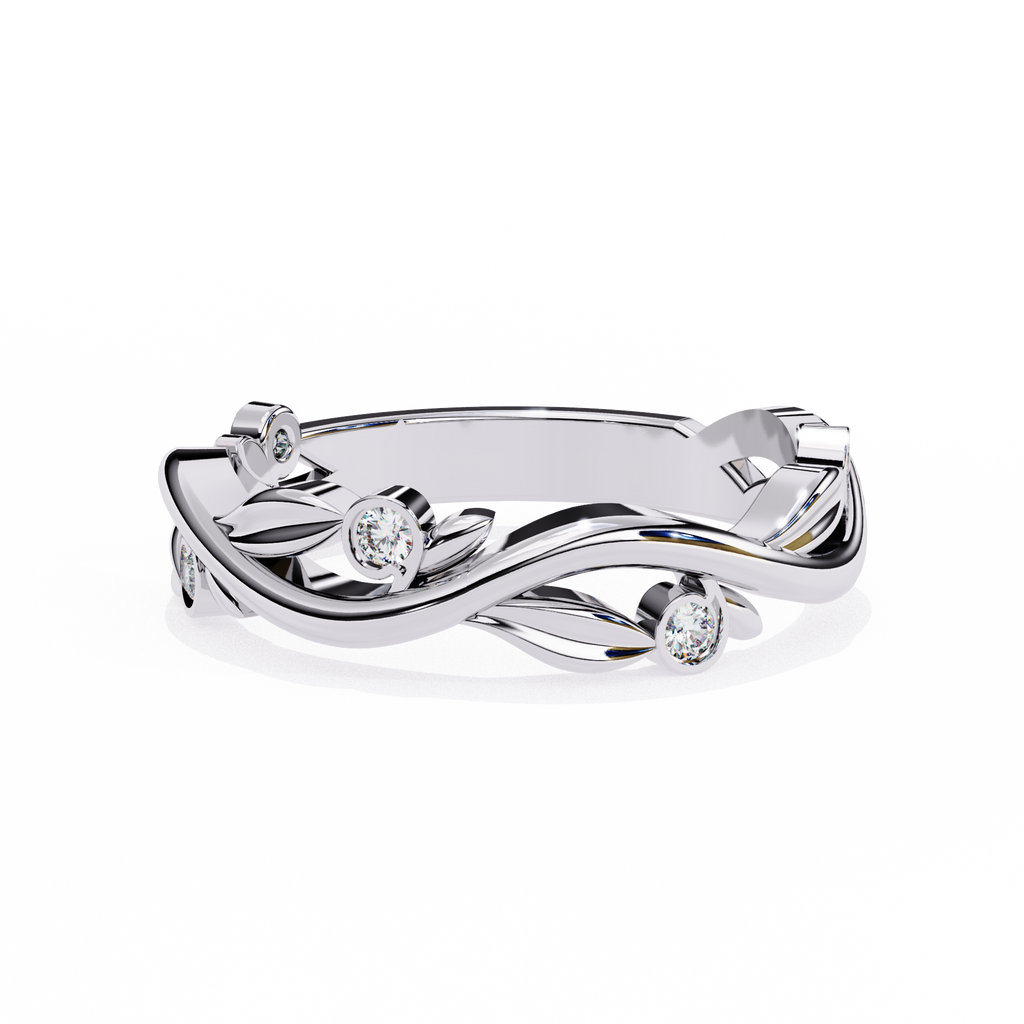 White Gold Round Diamond Leaf and Vine Eternity Band