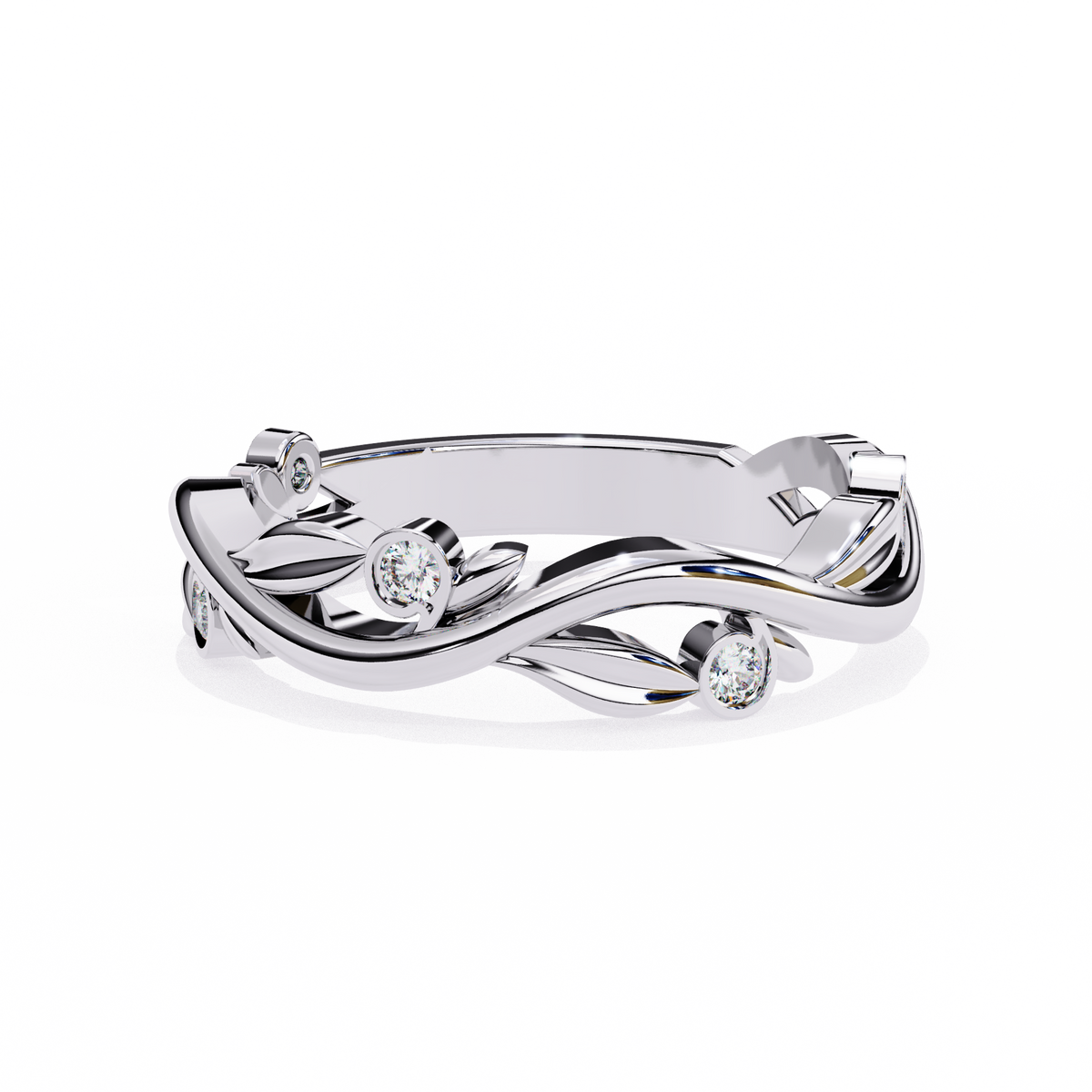 White Gold Round Diamond Leaf and Vine Eternity Band