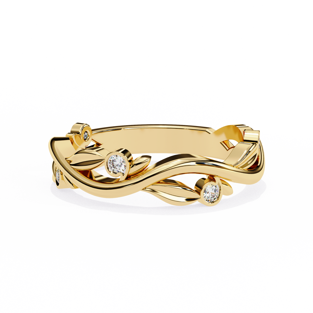 Yellow Gold Round Diamond Leaf and Vine Eternity Band