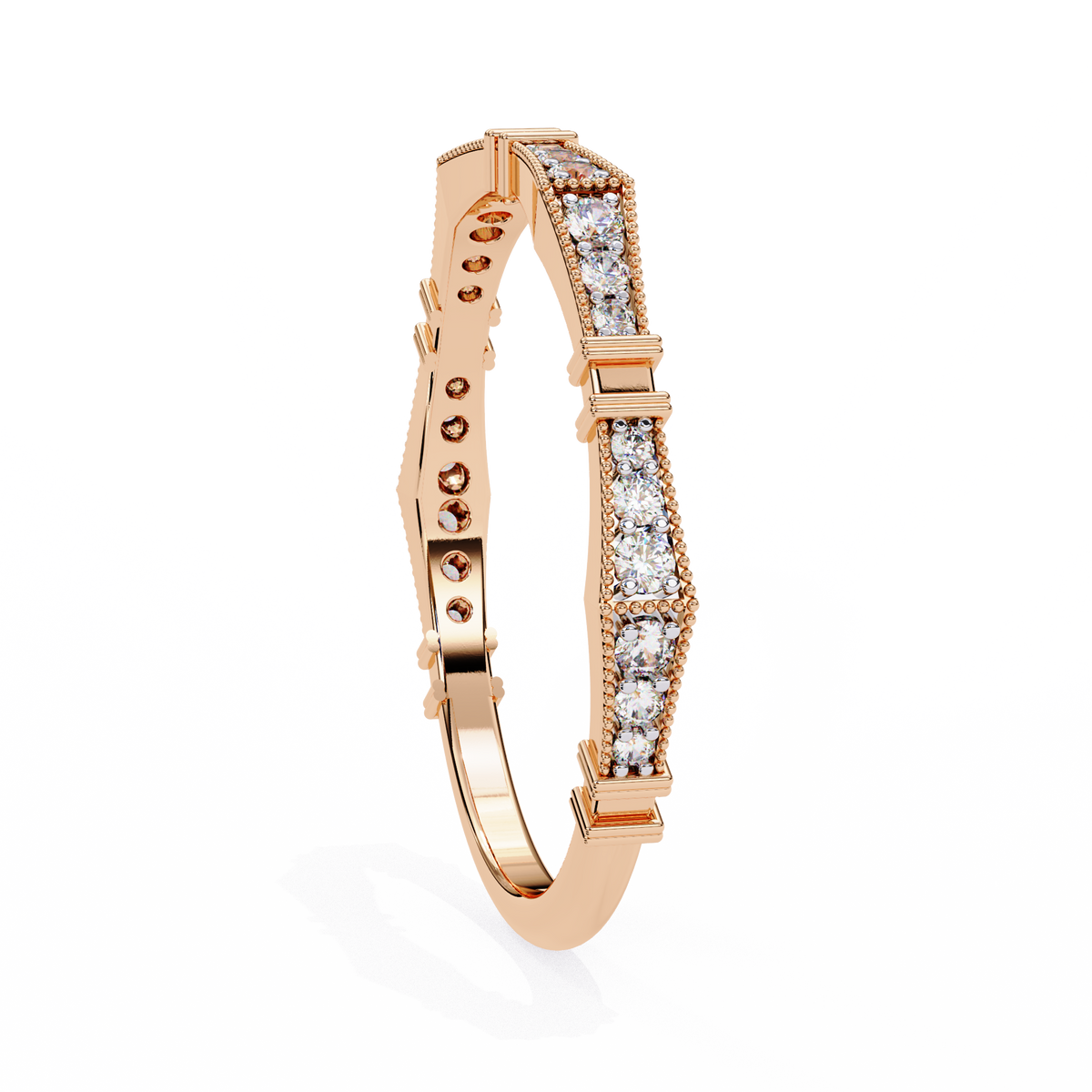 Rose Gold Round Diamond Milgrain Station Eternity Band