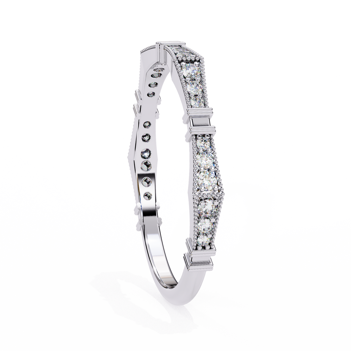 White Gold Round Diamond Milgrain Station Eternity Band