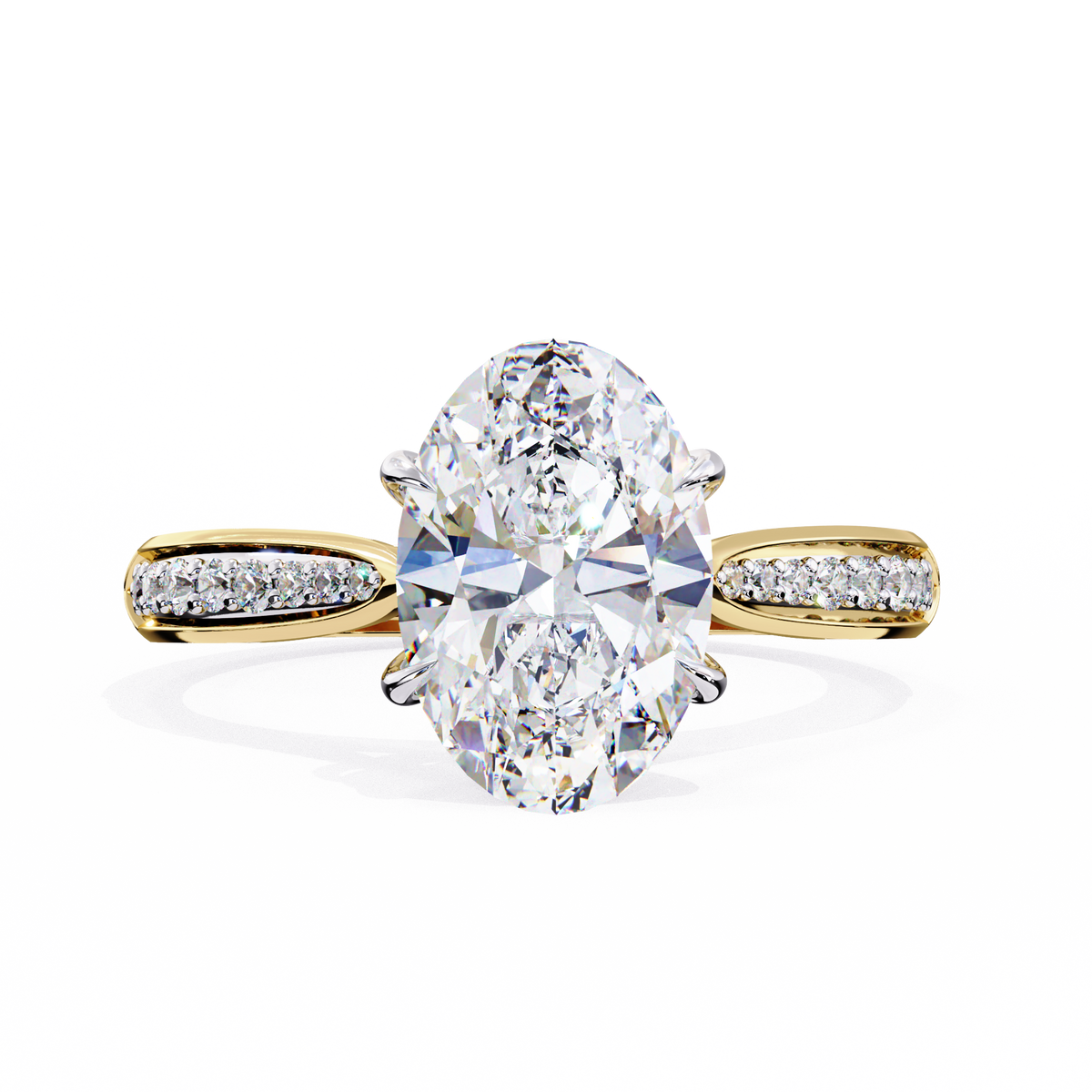 Yellow Gold Oval Cut Diamond Ring with Channel-Framed Pavé Shoulders