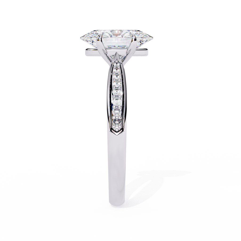 White Gold Oval Cut Diamond Ring with Channel-Framed Pavé Shoulders