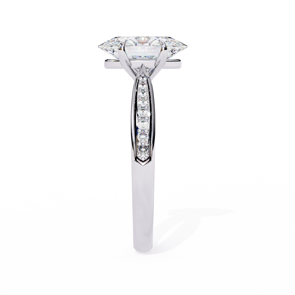 White Gold Oval Cut Diamond Ring with Channel-Framed Pavé Shoulders
