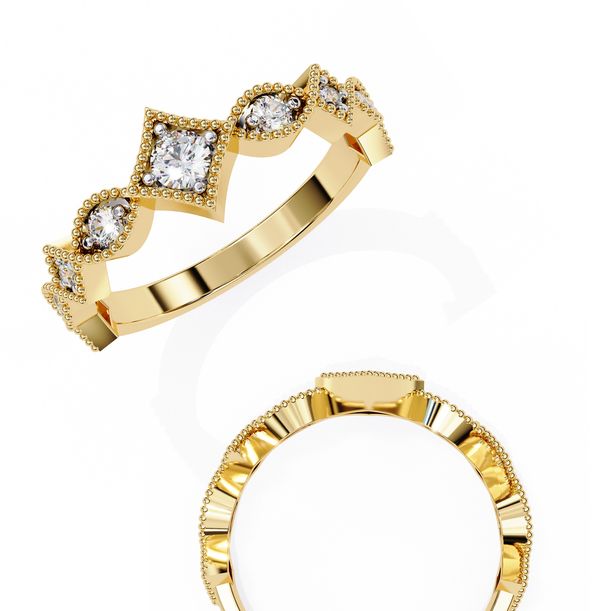 Yellow Gold Round Diamond Milgrain Tiara Ring