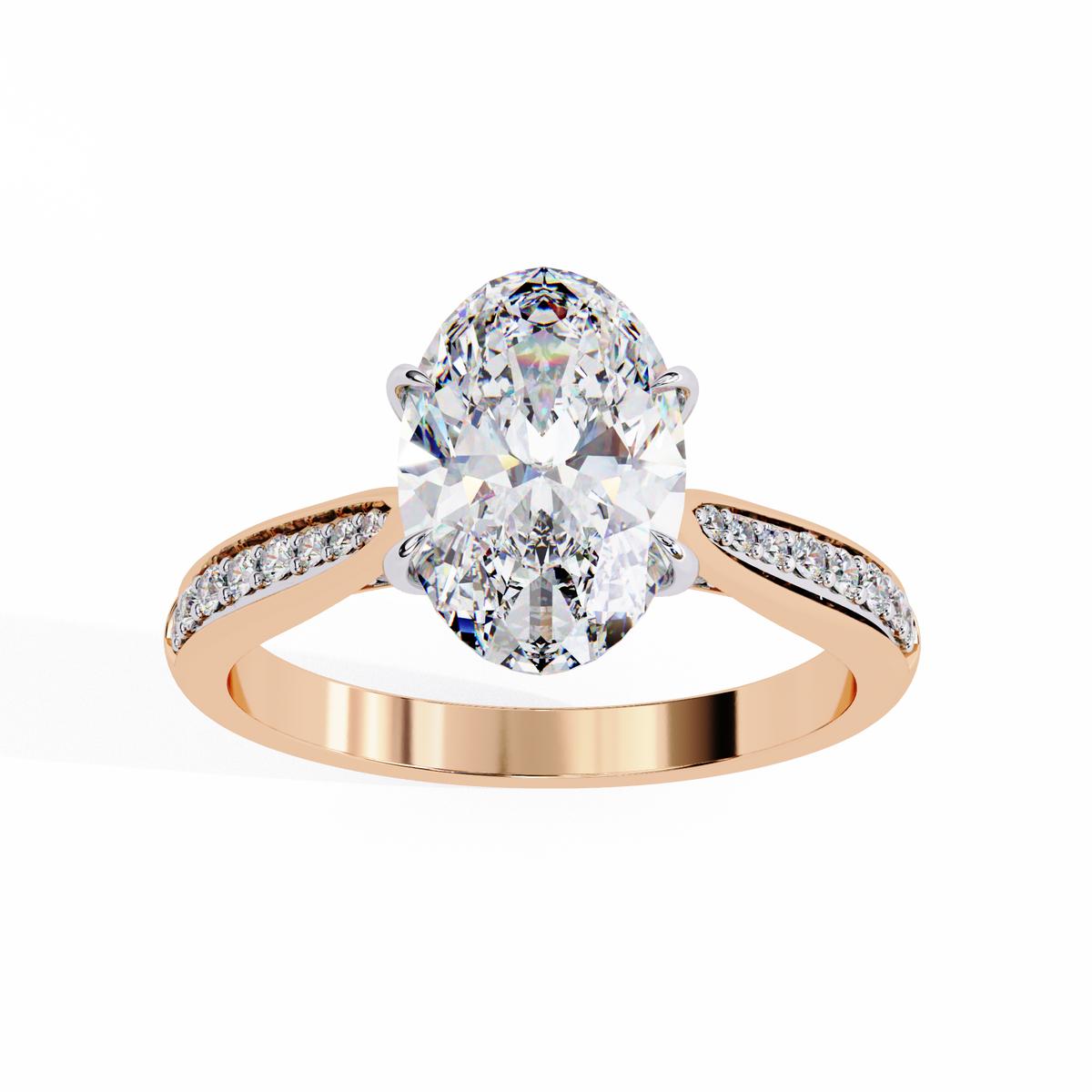 Rose Gold Oval Cut Diamond Ring with Channel-Framed Pavé Shoulders