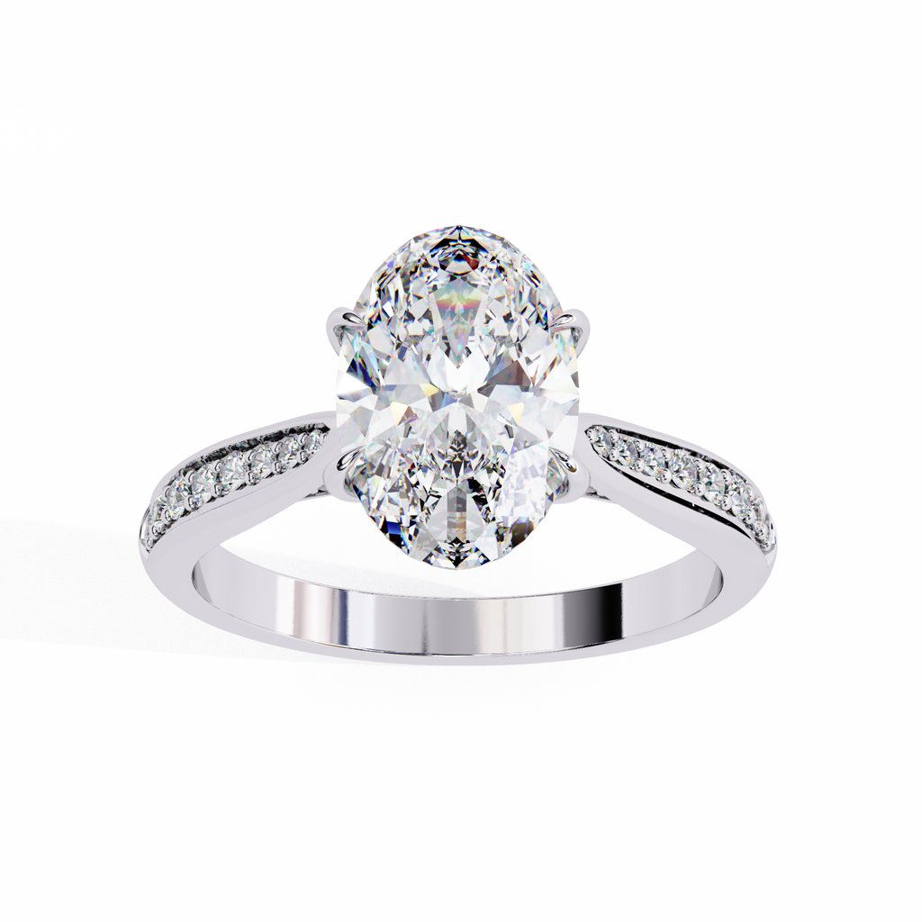 White Gold Oval Cut Diamond Ring with Channel-Framed Pavé Shoulders