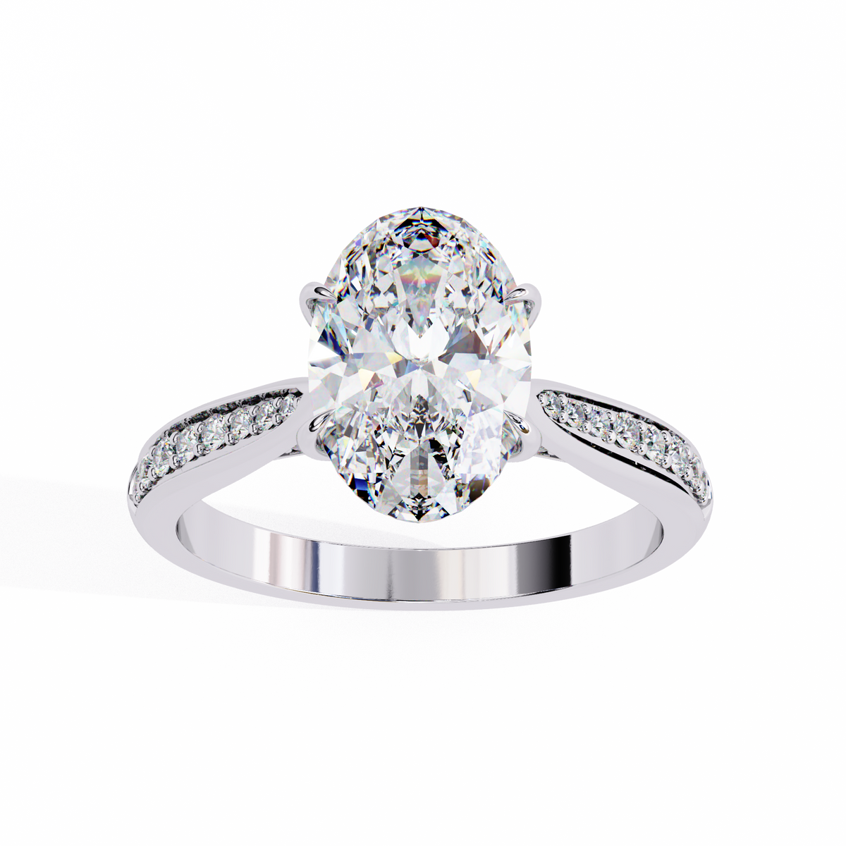 White Gold Oval Cut Diamond Ring with Channel-Framed Pavé Shoulders