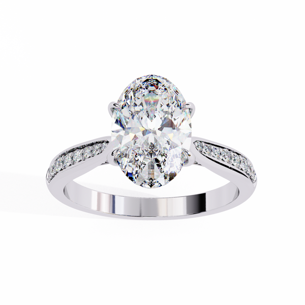 White Gold Oval Cut Diamond Ring with Channel-Framed Pavé Shoulders