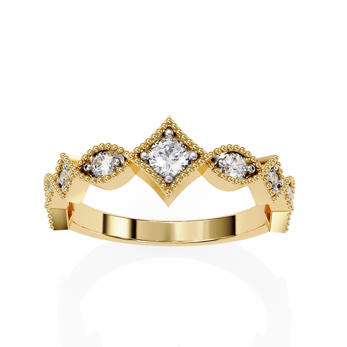 Yellow Gold Round Diamond Milgrain Tiara Ring