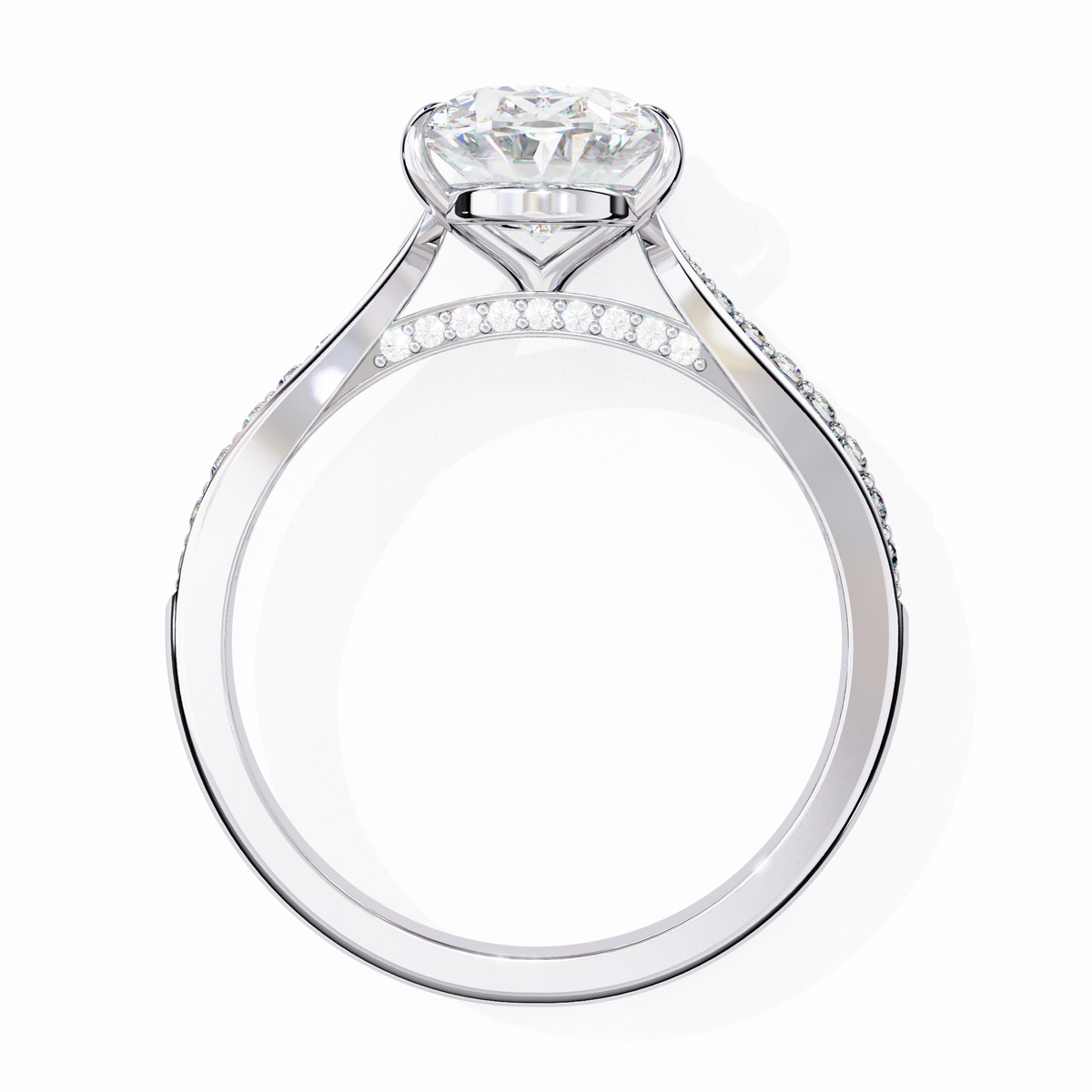 White Gold Oval Cut Diamond Ring with Channel-Framed Pavé Shoulders