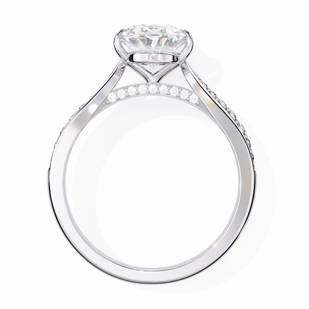 White Gold Oval Cut Diamond Ring with Channel-Framed Pavé Shoulders