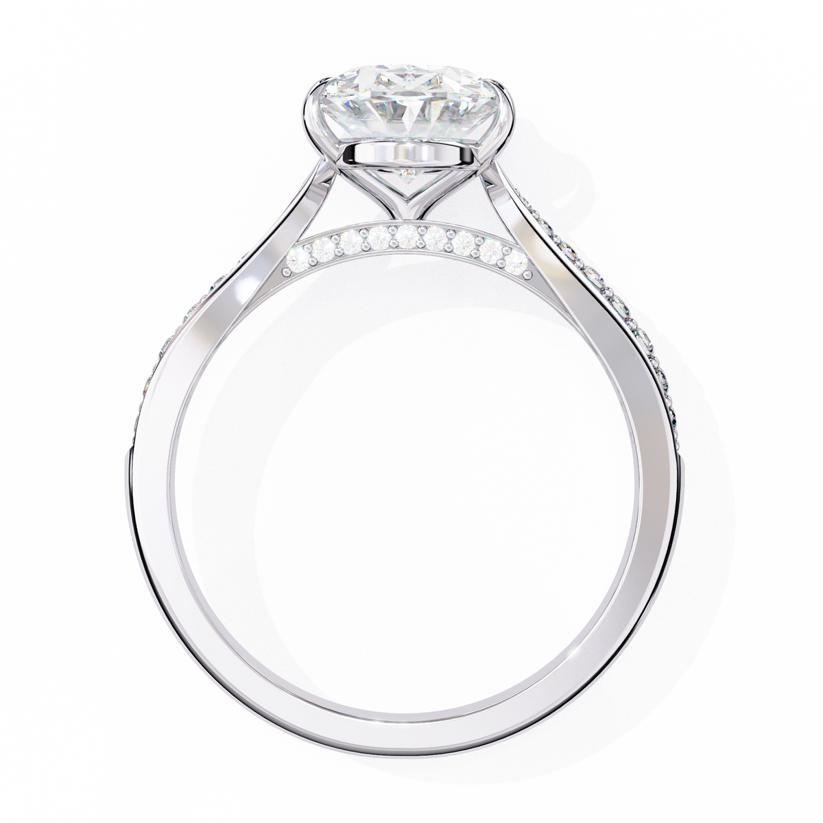 White Gold Oval Cut Diamond Ring with Channel-Framed Pavé Shoulders