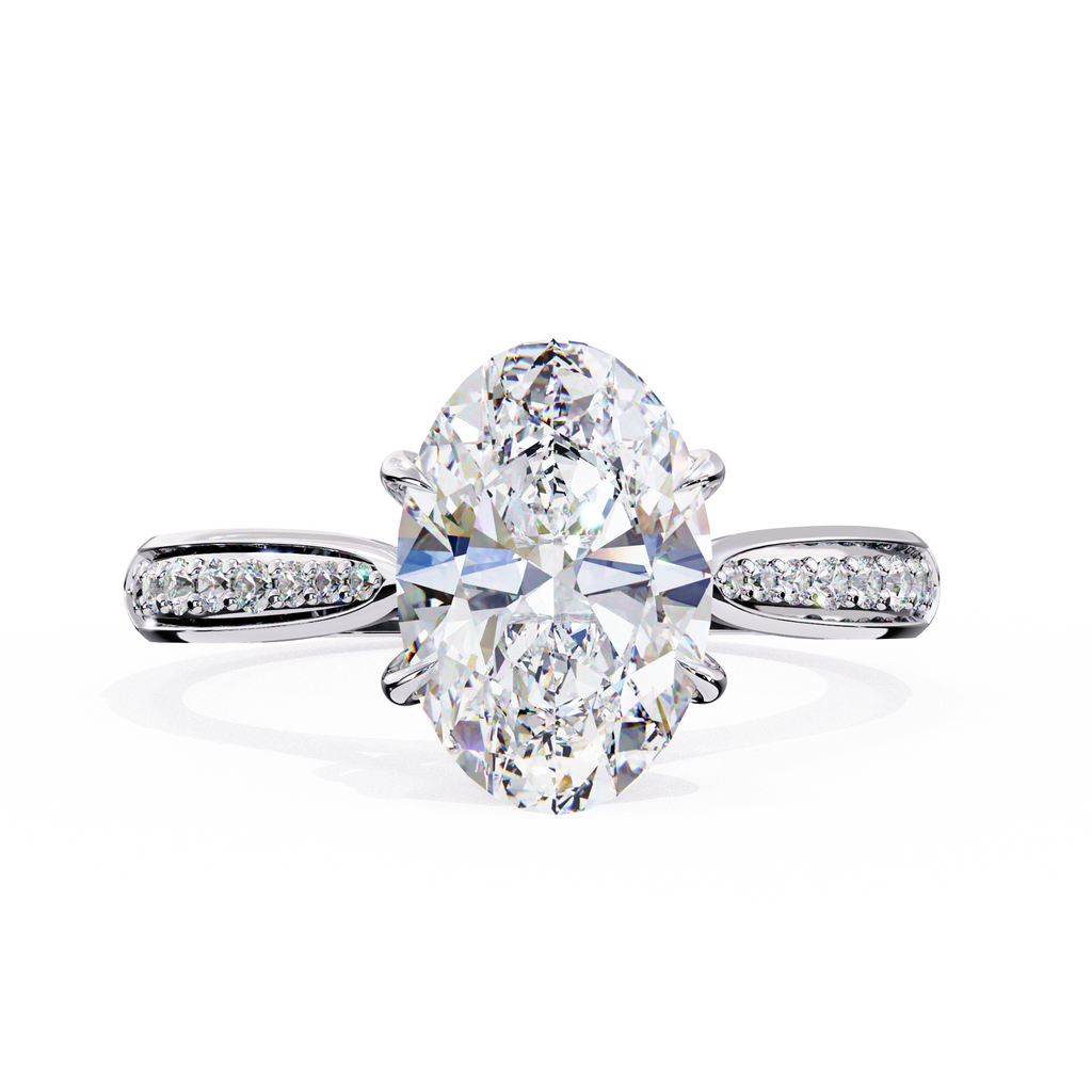 White Gold Oval Cut Diamond Ring with Channel-Framed Pavé Shoulders