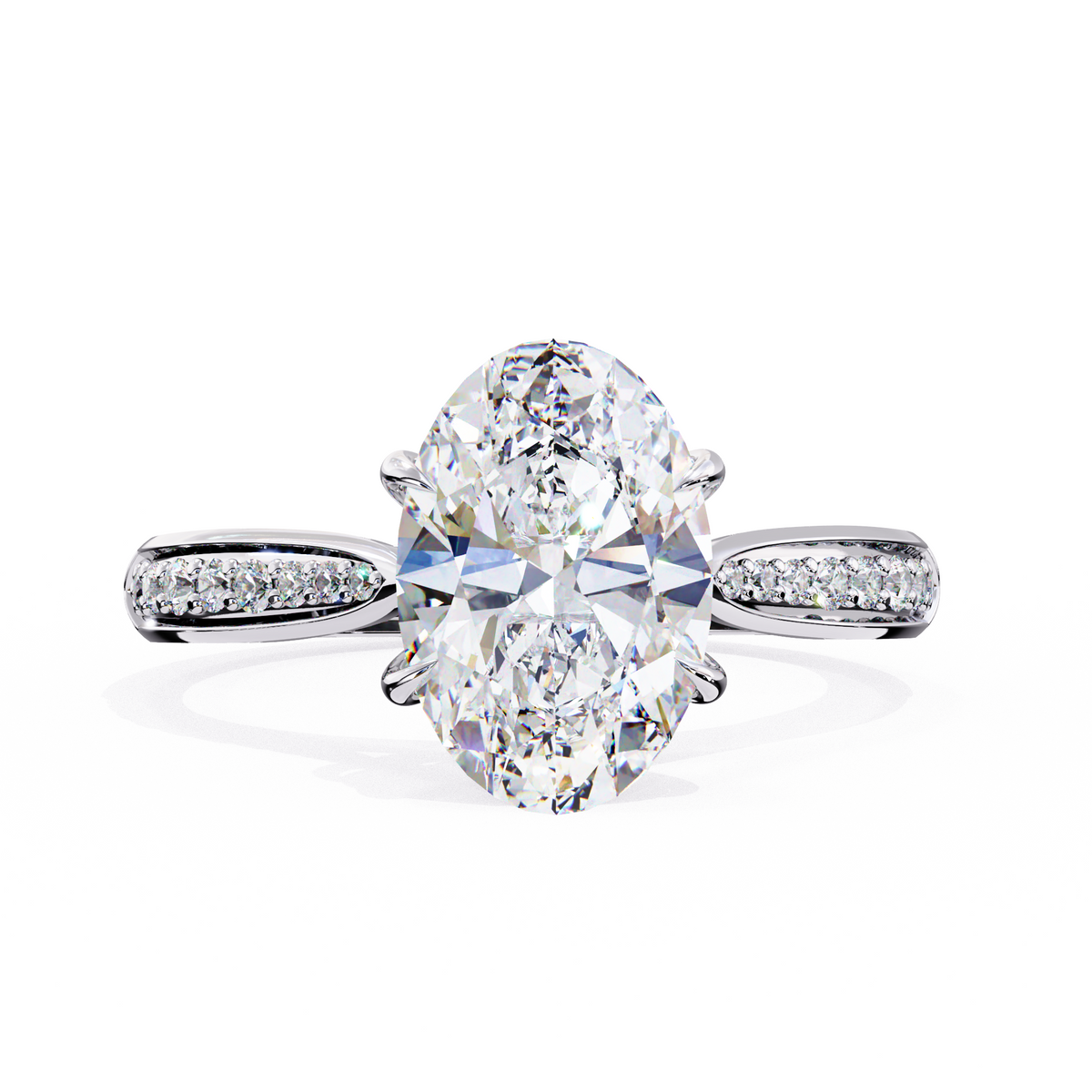 White Gold Oval Cut Diamond Ring with Channel-Framed Pavé Shoulders