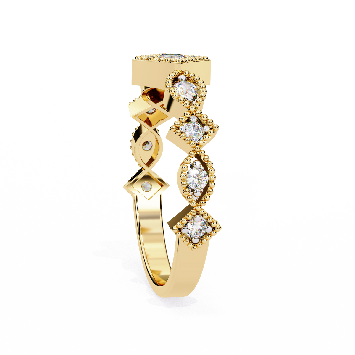 Yellow Gold Round Diamond Milgrain Tiara Ring
