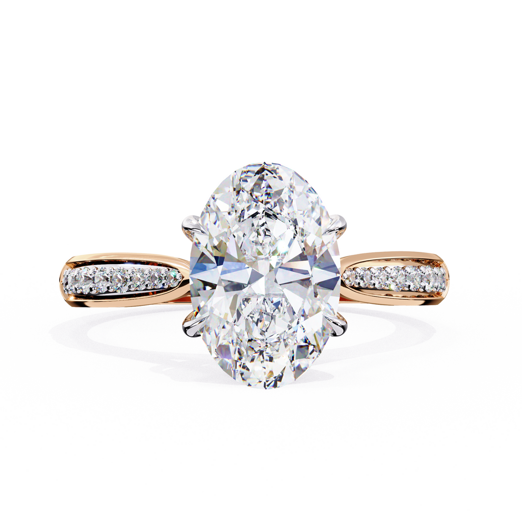 Rose Gold Oval Cut Diamond Ring with Channel-Framed Pavé Shoulders