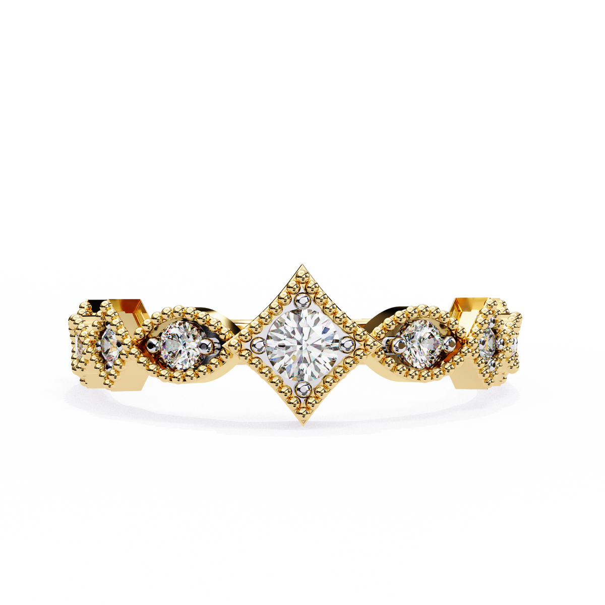 Yellow Gold Round Diamond Milgrain Tiara Ring