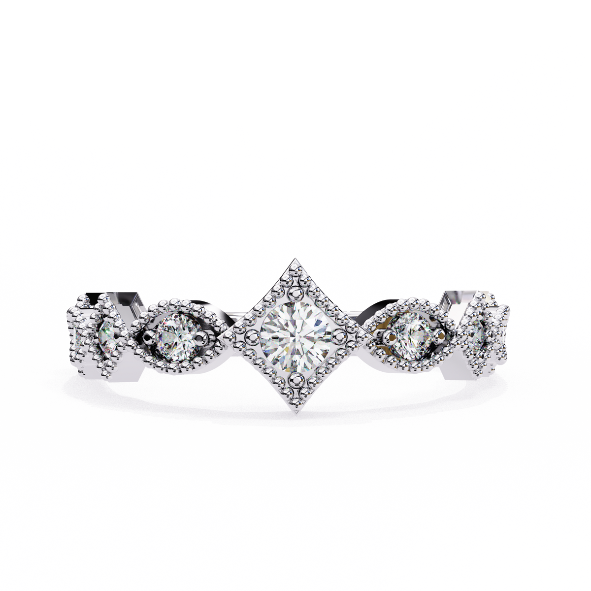 White Gold Round Diamond Milgrain Tiara Ring
