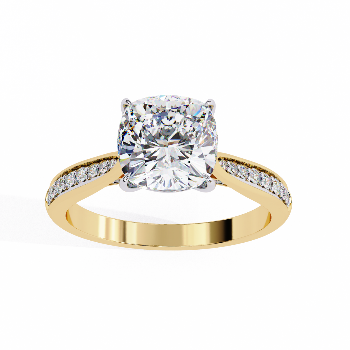 Yellow Gold Cushion Cut Diamond Ring with Two-Tone Channel Pavé Shoulders