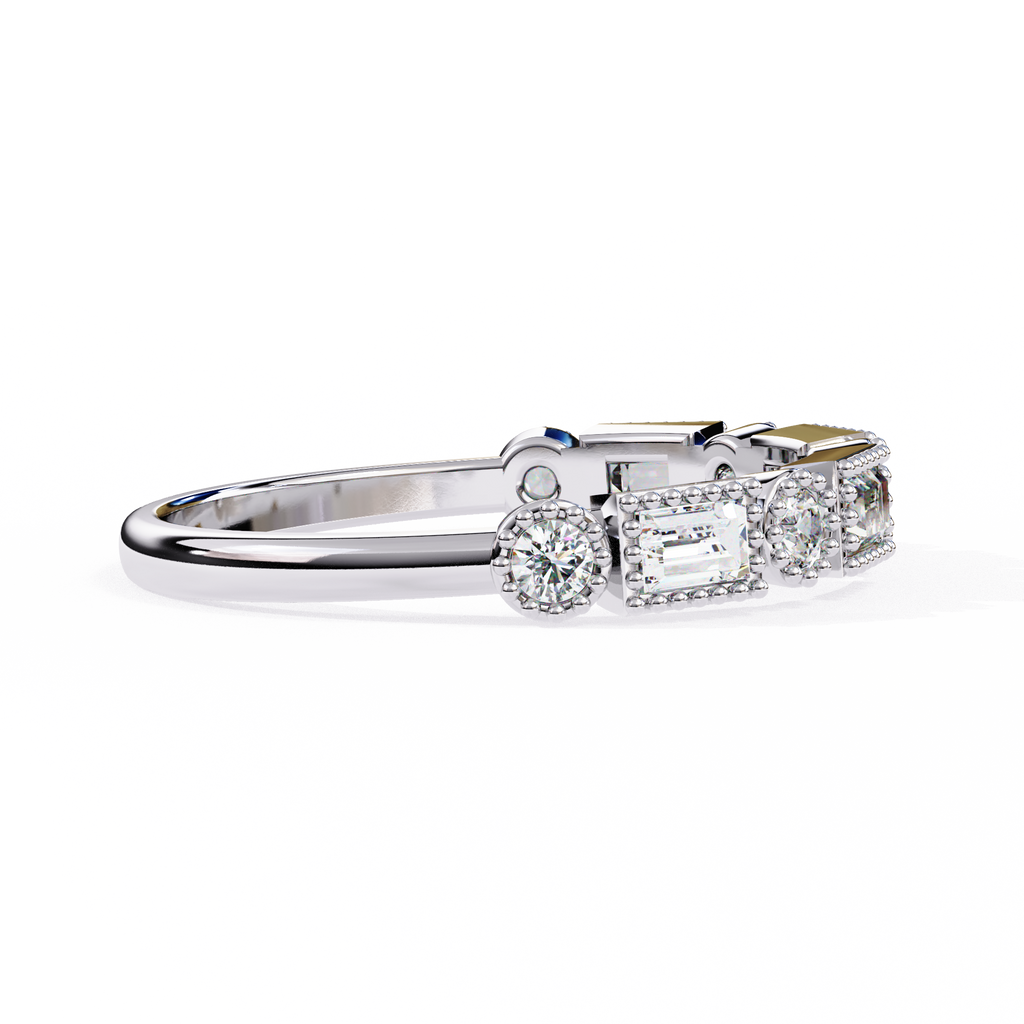 White Gold Baguette and Round Diamond Milgrain Station Band