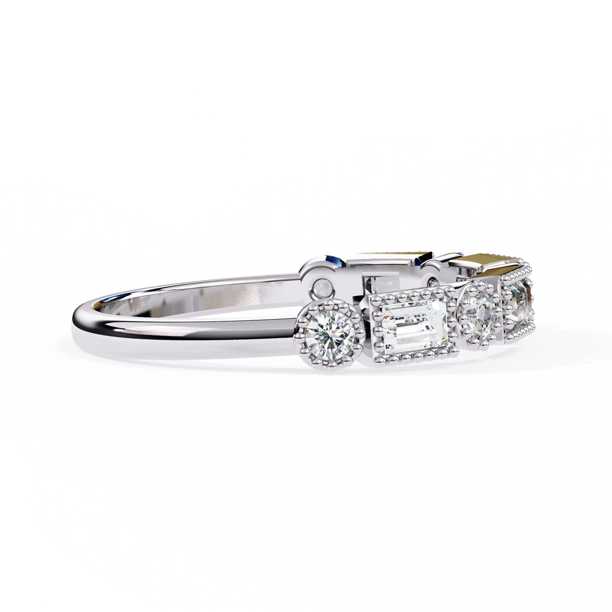 White Gold Baguette and Round Diamond Milgrain Station Band