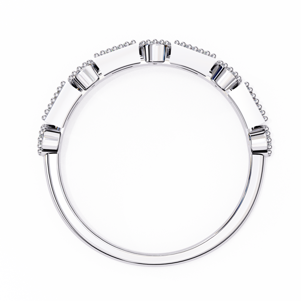 White Gold Baguette and Round Diamond Milgrain Station Band