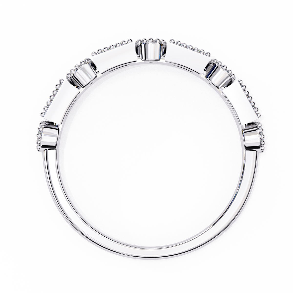 White Gold Baguette and Round Diamond Milgrain Station Band