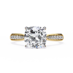 Yellow Gold Cushion Cut Diamond Ring with Two-Tone Channel Pavé Shoulders