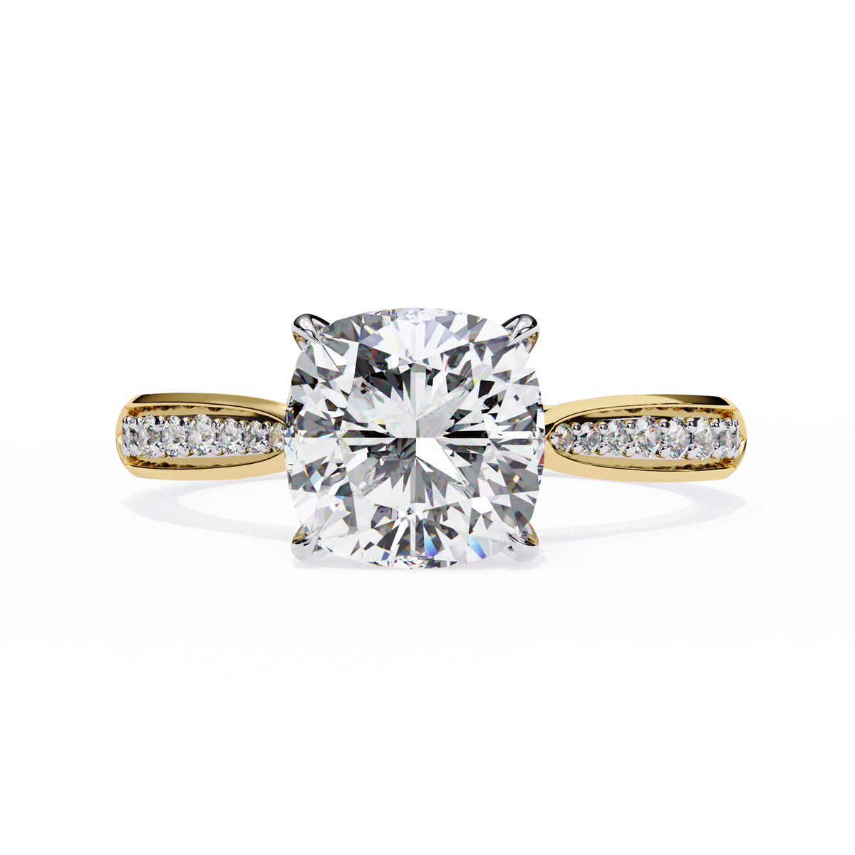 Yellow Gold Cushion Cut Diamond Ring with Two-Tone Channel Pavé Shoulders