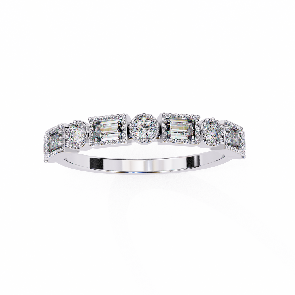 White Gold Baguette and Round Diamond Milgrain Station Band