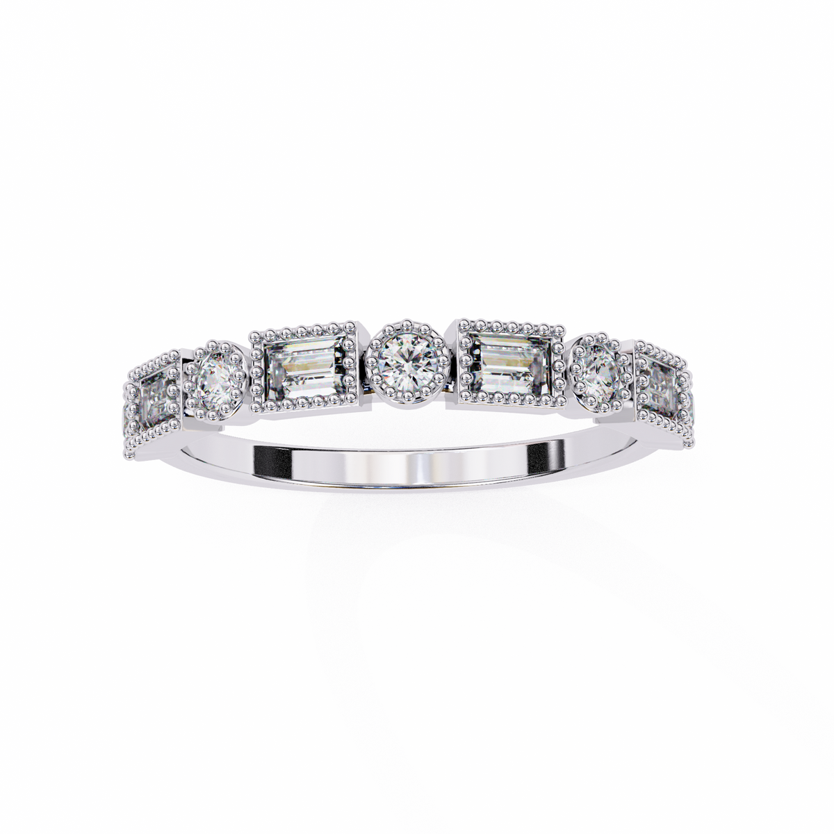 White Gold Baguette and Round Diamond Milgrain Station Band