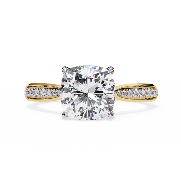 Yellow Gold Cushion Cut Diamond Ring with Two-Tone Channel Pavé Shoulders
