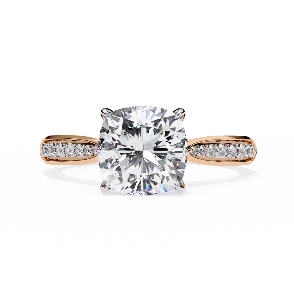 Rose Gold Cushion Cut Diamond Ring with Two-Tone Channel Pavé Shoulders