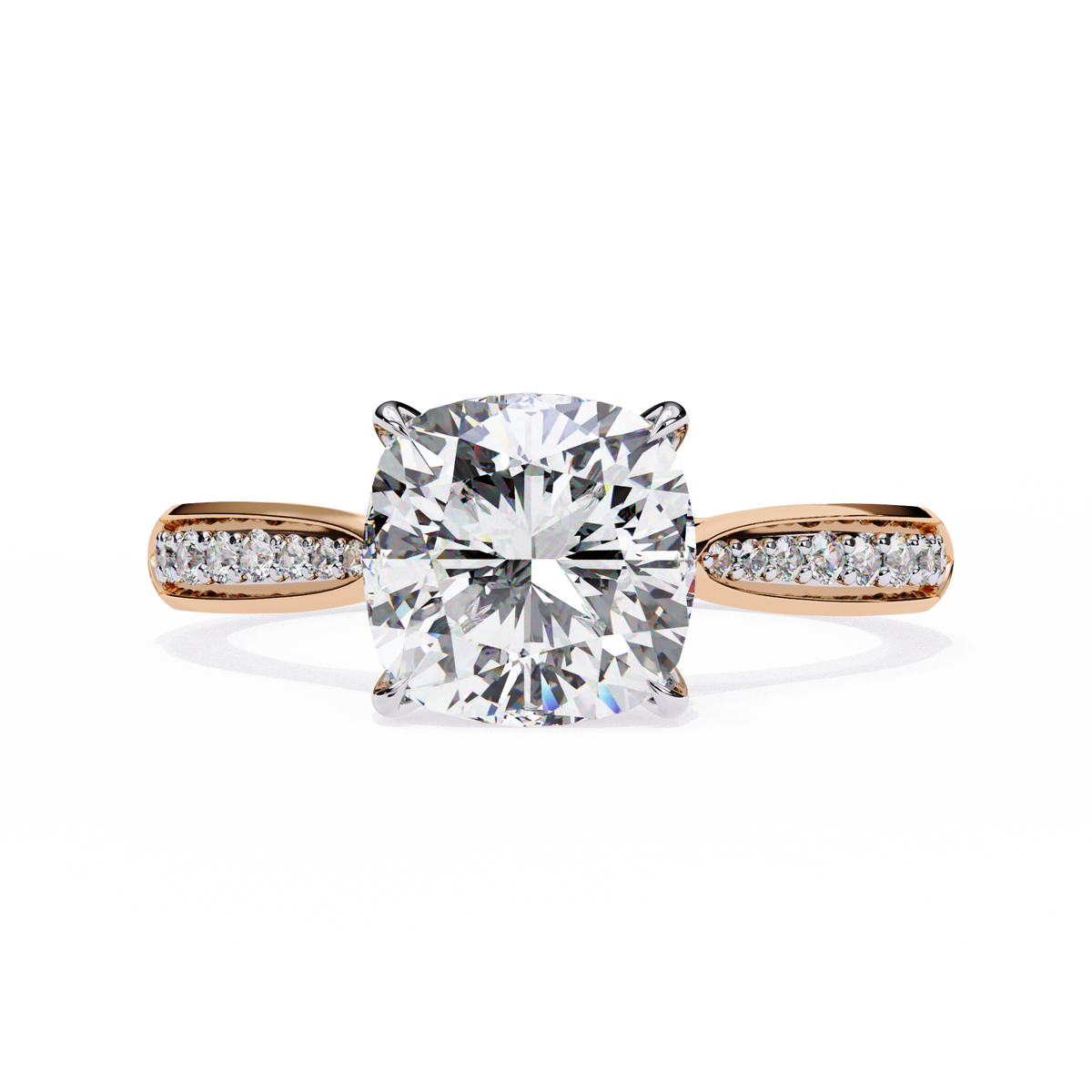 Rose Gold Cushion Cut Diamond Ring with Two-Tone Channel Pavé Shoulders